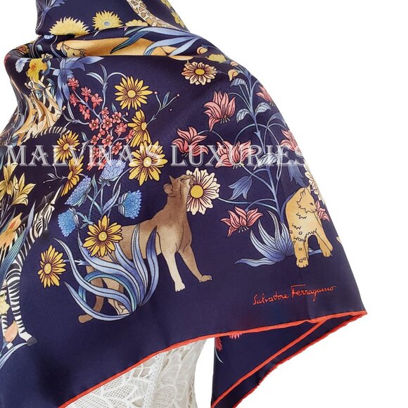 SALVATORE FERRAGAMO SCARF SIGNATURE FLOWER JUNGLE ANIMALS PRINT SILK 35" - Picture 6 of 13